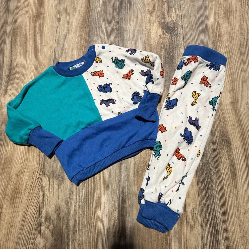 Vintage Bebe Terrifique Sweatshirt Set Animal Print Colorblock 90s Kids 12M